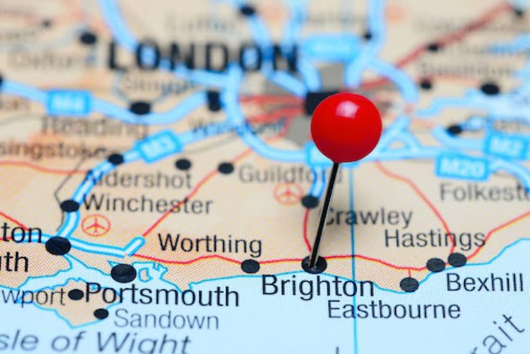A Day in Brighton - 7 Things to Do on a Brighton Day Trip 1 Brighton pinned with red push pin on map of the UK