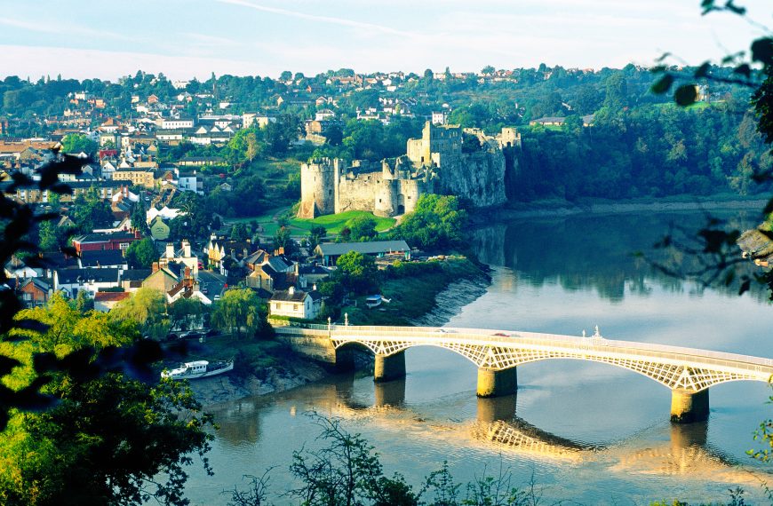 Chepstow Castle and town on the River Wye, Gwent, on the border between England and Wales, UK